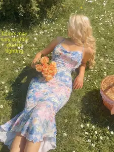 Women's Fashion Spring Summer Printed Dreamy Halter Slimming Dress, Stylish and Comfortable, Perfect for Casual Wear