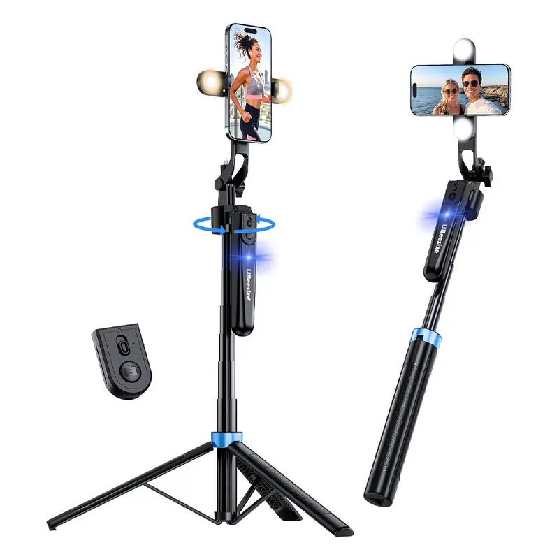 UBeesize 70in Aluminum AI Auto 360° Face Tracking Selfie Tripod Stick - Foldable Lite, Adjustable Extendable, Travel-Ready Handheld Kit with Fill Light, Detachable Mini Tripod, Remote Control, Smartphone Mobile Mount for Vlog Live Streaming