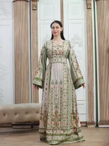 Women's Modest AL-Wurood Satin Floral Tatreez Embroidered Palestinian-Jordanian Long Sleeve 1-Piece Falahi Heritage Thobe with Rhinestone Shine