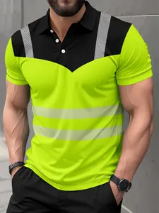 Men's Fluorescent Colorblock Striped Short Sleeve Polo Shirt, High Saturation Bright Workwear Style, Summer Fitted Casual Wear, Menswear, Shirts Men