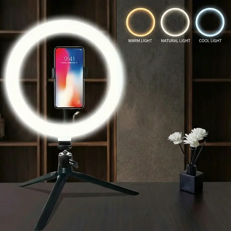 12" LED Ring Light with Tripod+Holder, 360° Free-Rotating Ball Head, Adjustable Arm, Long Power Cord, 3 Light Modes, 10-Level Dimming for Vlogging, Filming - Smartphone Selfie & Vlogging Equipment