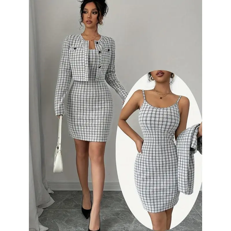 Women's Chic 2-Piece Jacket & Cami Dress Set, Casual Long-Sleeve Outerwear & Dress for Work Office, Spring & Fall Sports & Outdoor Clothing