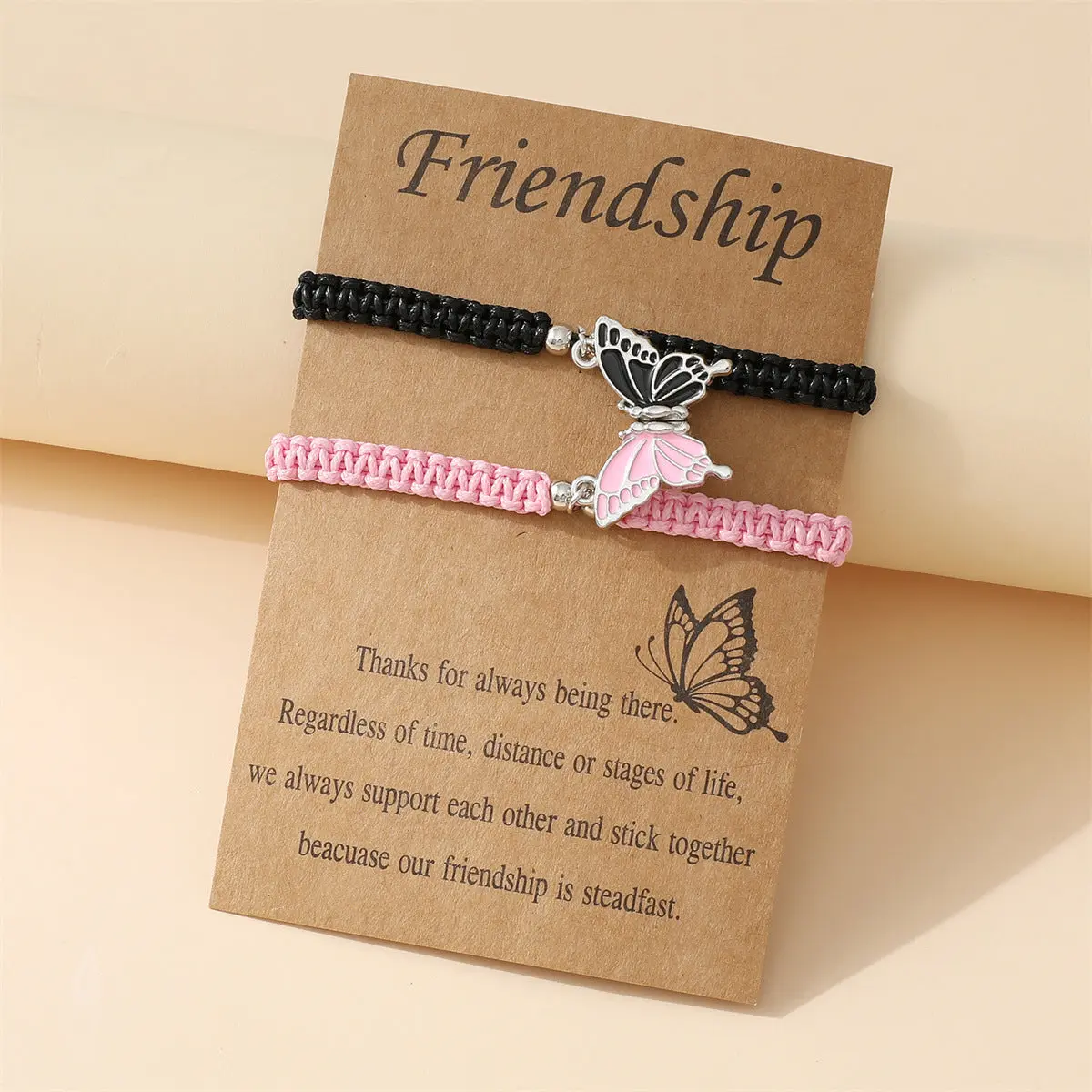 2Pcs Magnetic Wing Snap Flat Braided Alloy Couple Bracelets, Unisex Fit, 0.24 Inches Wide, 0.39 Oz, 5.5-9.8 Inches Adjustable Length, Pink Black Matching Set, Long Distance Gift with Friendship Card, Fashion Jewelry Bangles, 11G