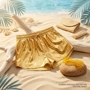 Women's Metallic Sparkly Shorts with Drawstring Waist - Shiny Hot Shorts for Rave Party, Includes Holographic Fanny Pack and Sunglasses, Perfect for Festivals, Concerts, Night Out, and Summer Events