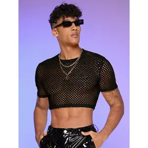 Fishnet Mesh Tee Shirt Round Neck Short Sleeve Crop Top