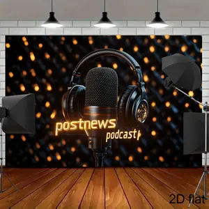1pc Podcast Backdrop Futuristic Text Microphone Headphones Golden Lettering for Podcast Branding Party Photo Booth