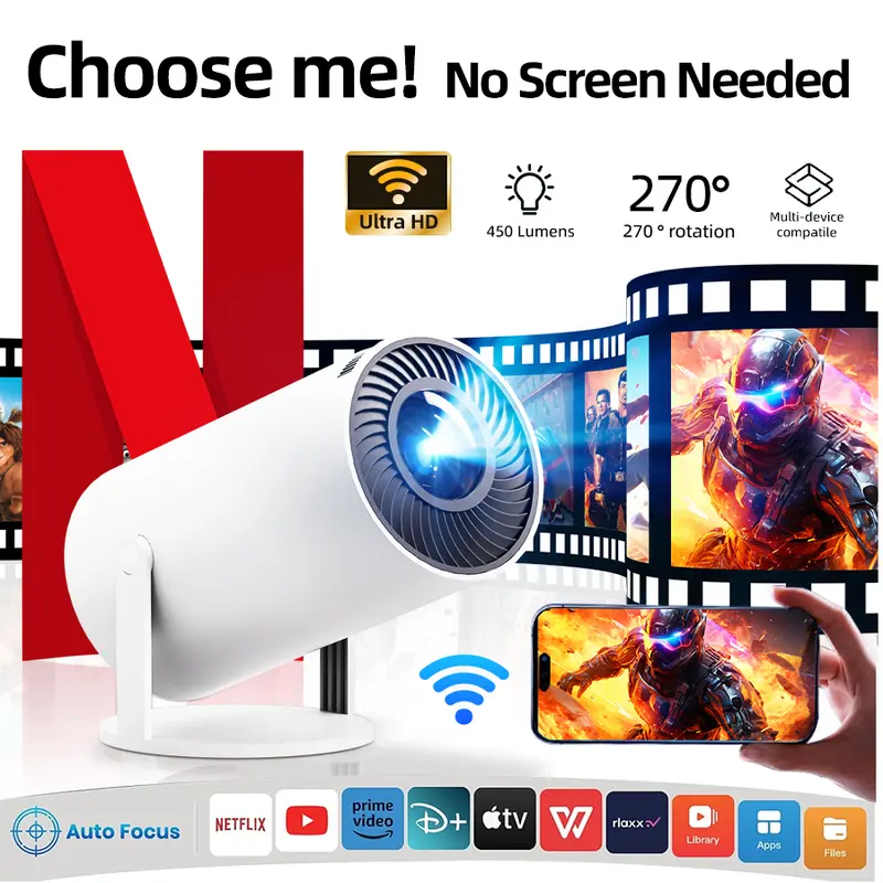 [US WAREHOUSE] Android HD Projector - Smart Mini Tabletop, 290ANSI Lumens, Automatic Keystone Correction, 5W Built-in Speaker, Dual WiFi6, Wireless BT5.4, 1280*720P HD, Android Native, Portable, Remote Control, for Home Entertainment, Backyard Camping
