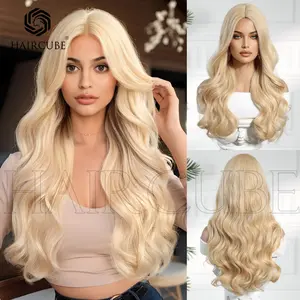 26-inch women's golden middle-part fluffy synthetic high-temperature silk rose net cap full wig with high layering, glue-free, heat-resistant, suitable for work, makeup-free, cosplay, music festivals, and other daily activities