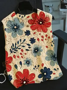 Women's Colorful Artistic Blue Watercolor Floral Print Chic Elegant Sweater Vest, Round Neck Hollow Out Sleeveless Knit Top, Casual Comfortable Everyday, Womenswear