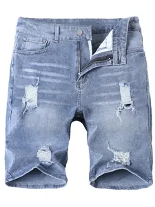 Men's Slim Fit Distressed Denim Shorts - Knee-Length Ripped Hem, Machine Washable Non-Stretch Summer Casual Shorts, Ripped Denim Shorts, Comfortable Wear, Fashionable Street Style, Durable Fabric Men's Casual Breathable Shorts comfort flex waist jorts