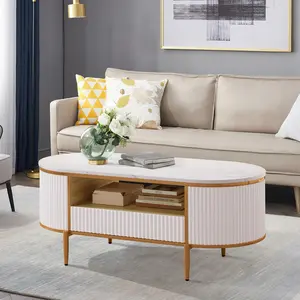 Center Table 47.24" Oval Modern Fluted Coffee Table with Drawer, Oval Coffee Table with Golden Legs, Curved Profile Design, Gold Metal Decor for Living Room