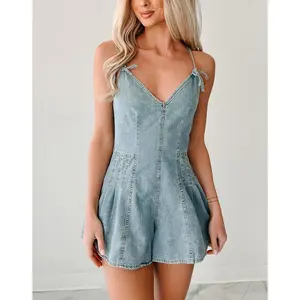 Women's Summer Spaghetti Strap Jumpsuit Sleeveless V Neck Wide Leg Denim Shorts Playsuit