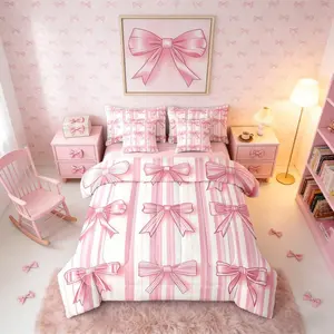 Pink Bowknot Girls Comforter Bed Set,Coquette Bows 7 Piece Bed Bag,Cute Bow Tie Sheets,and Pillowcases ,Girly Bedding Set,Room Decor Bed Set