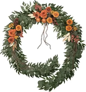 TINGE TIME 9FT Christmas Garlands Artificial Flower Garland with Scented Card, Eucalyptus Garland with Flowers, Rose Garland for Wedding Sweetheart Mantle Table Centerpiece (Burnt Orange) Box Gift xmas decoration