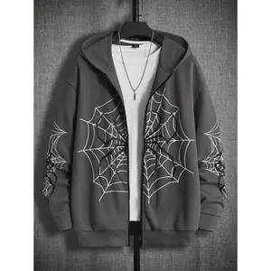 Oversized Spider Web Print Zip-Up Hoodie (Without T-Shirt)