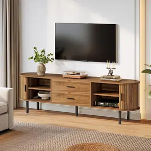 Tribesigns Mid-Century TV Stand, 70" with Sliding Tambour Door, Drawers, Adjustable Shelves for Living Room
