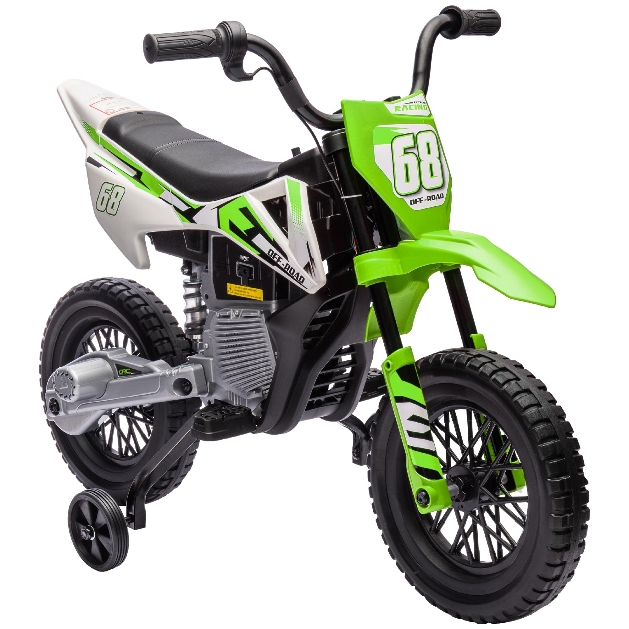 #Summervibes Qaba Kids Dirt Bike with Twist Grip Throttle, 12V Electric Motorcycle, Electric Bike for Toddler with Training Wheels, Rear Suspension & Music