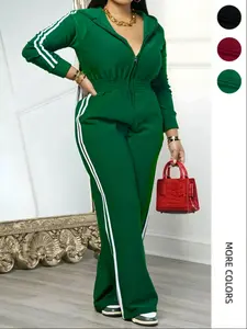 Women's Zipper Sporty with Hat Design, Side Stripe Casual Sports Set, Comfortable and Stylish All-Season Wear, Sporty Comfy Jumpsuit