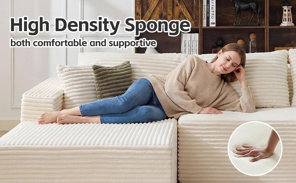 AnyGod 108" Boneless Couch for Living Room Modular Sectional Sofa with Oversized Chaise L-Shape Cloud Couch Deep Seat High-Density Memory Foam No Assembly Plush Corduroy White