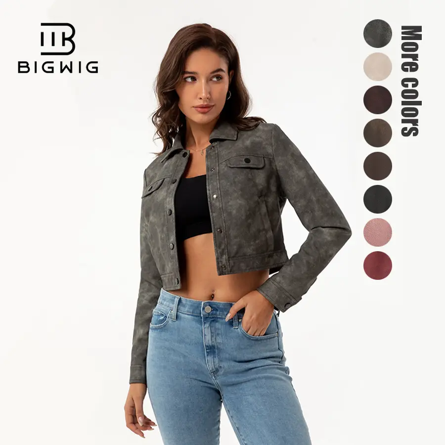 Women's Cropped Faux Leather Bomber Jacket Turn-Down Collar Flap Pocket Snap Retro Shape Coat