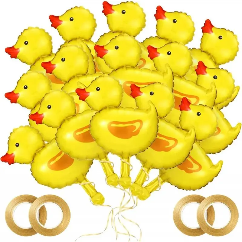 16pcs Duck-Shape Self-Seal Mini Aluminium Foil Balloons with Gold Ribbons, Letters & Confetti, Easy Inflate-Deflate Festive Party Decorations for Happy Birthday, Baby Shower, Graduation