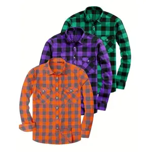 Men’s casual plaid flannel shirts — set of 3 long-sleeve button-up tops, 70% polyester/30% rayon blend fabric, checked collar menswear Father’s Day gift