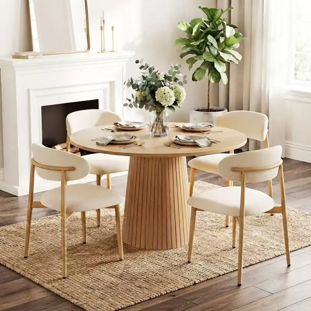 5-Piece Round Dining Table Set for 4, Modern Farmhouse Kitchen Table & Chairs with Oak MDF Top & Upholstered Seats, Space-Saving Circle Set for Breakfast Nook Living Room, Beige & Oak