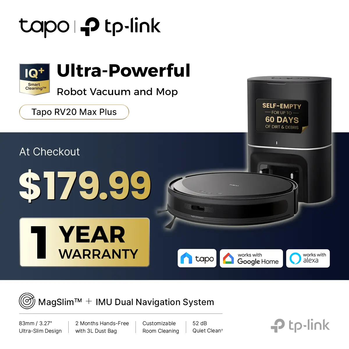 [1 Year Warranty] Tapo RV20 Max Plus Ultra-Slim Robot Vacuum and Mop with 5300Pa Suction, MagSLIM LiDAR Navigation, Auto-Empty Dock, 97% Dust Pickup, Alexa & Google Home Compatible - Deep Cleaning Machine Deep Cleaning Machine Automatic Wireless