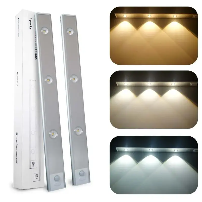 2026 NEW 3-Color Dimmable LED Motion Sensor Under Cabinet Light, Rechargeable Magnetic Wireless Under Counter Lighting for Kitchen Bedroom Closet Cupboard Wardrobe Stairs Corridor
