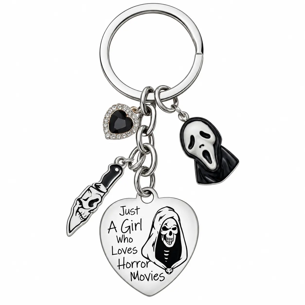 Ghostface Scream Keychain, Heart Pendant Key Ring, Just A Girl Who Loves Horror Movies Charm, Gothic Horror Movie Accessory, Novelty Keychain Gift for Horror Fans, Halloween Birthday Christmas Gift