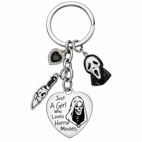 Ghostface Scream Keychain, Heart Pendant Key Ring, Just A Girl Who Loves Horror Movies Charm, Gothic Horror Movie Accessory, Novelty Keychain Gift for Horror Fans, Halloween Birthday Christmas Gift