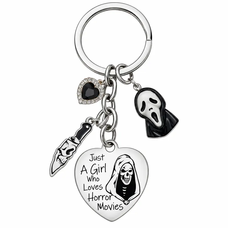 Ghostface Scream Keychain, Heart Pendant Key Ring, Just A Girl Who Loves Horror Movies Charm, Gothic Horror Movie Accessory, Novelty Keychain Gift for Horror Fans, Halloween Birthday Christmas Gift