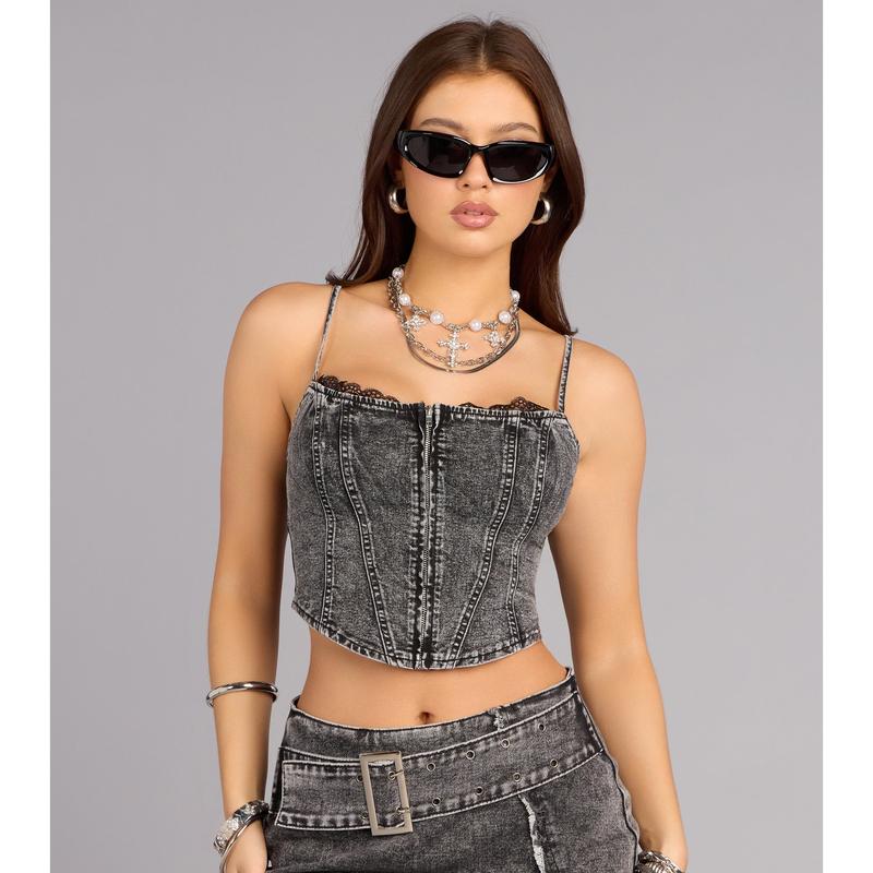 No Apologies Denim Lace Trim Crop Top