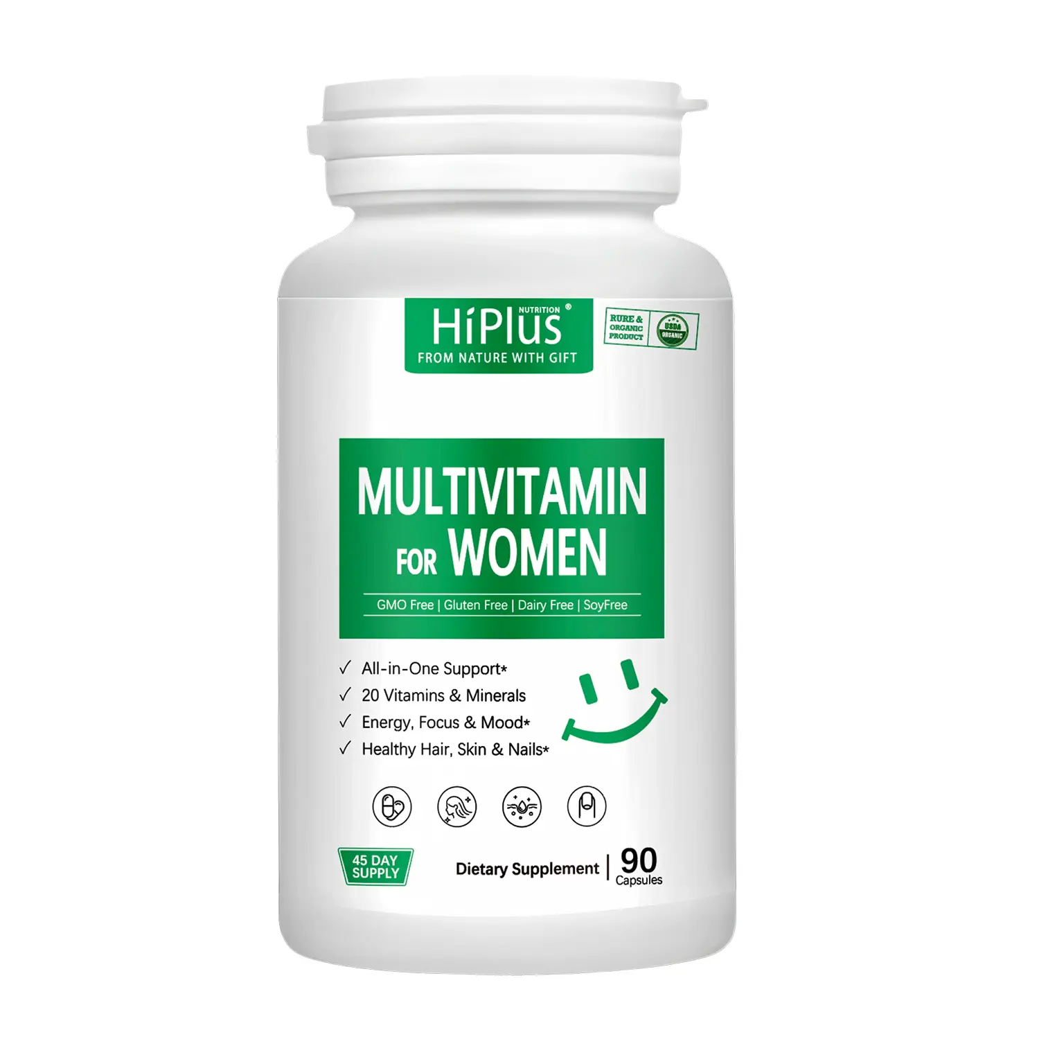 HiPlus Multivitamin for Women - 90 Capsules, 20 Essential Vitamins & Minerals, Vitamin C, Zinc, Hyaluronic Acid, Collagen Complex, Supports Energy, Focus, Immune Health, Skin & Joint Health, Non-GMO, Gluten-Free, Dairy-Free, Soy-Free - Healthcare