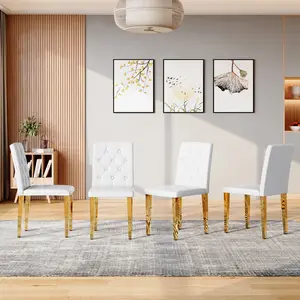 4-pack white PU dining chairs: ergonomic buckle backrest, 35 inches high, golden metal legs,Combines Comfort and Texture.Perfectly suitable for family dining rooms, hotel banquet halls