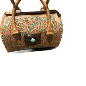 Turquoise Tooled Leather Handbag with Turquoise Concho and Floral Design-11” Medium Sized Speedy