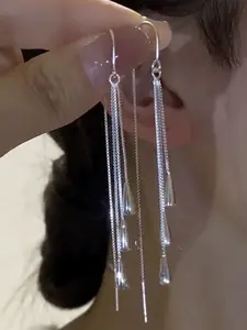 Sterling Silver Color Chain Dangle Earrings, Trendy Long Tassel Design, Perfect Gift for Women & Girls, Elegant Jewelry Accessory, Statement Wedding Earrings