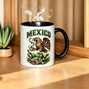 Mexico Pride Ceramic Mug Featuring Eagle and Snake Art with Mayan Cactus Design Suitable as Family Gift or National Pride Souvenir