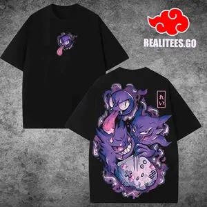 [realitees.go] Retro 90s Gengar Ghost Bleach Tee Graphic Tee – Oversized Unisex Acid T-Shirt vs Hoodle, Japanese Anime Inspired Streetwear, Minimal Front Kanji Print, Bold Back Art Illustration, Casual Urban Outfit for Men and Women