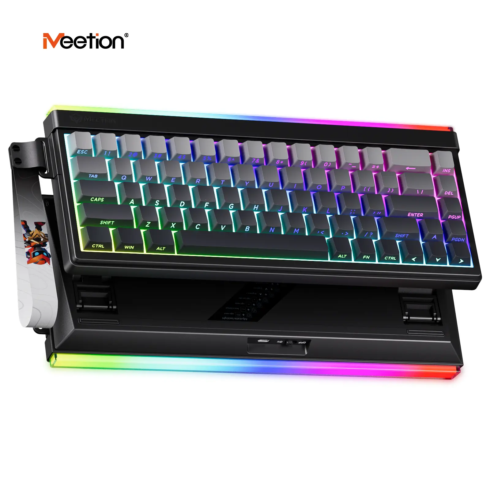 Meetion Vibekey B68 68% Compact Tri-Mode Mechanical Gaming Keyboard - Bluetooth, Multi-Platform, Rechargeable, Double-Shot PBT Keys, Quiet Typing, RGB Lights, Neon Light Box, DIY Pink Heart Keycaps with Ribbon, Cute PC/Mac Desk Accessory Gift, Mechanical