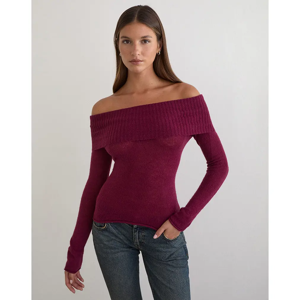 Lune Bardot Jumper in Knit Wine