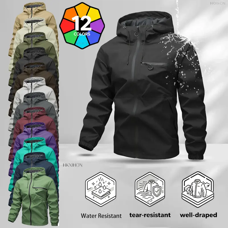 Men's Regular Water-Resistant Hooded Polyester Windbreaker - Tear-Resistant, Skin-Friendly, Breathable, Moisture-Wicking, Well-Draped Zip Closure Outdoor Hiking Casual Outerwear (12 Colors) | Mens Activewear Tops