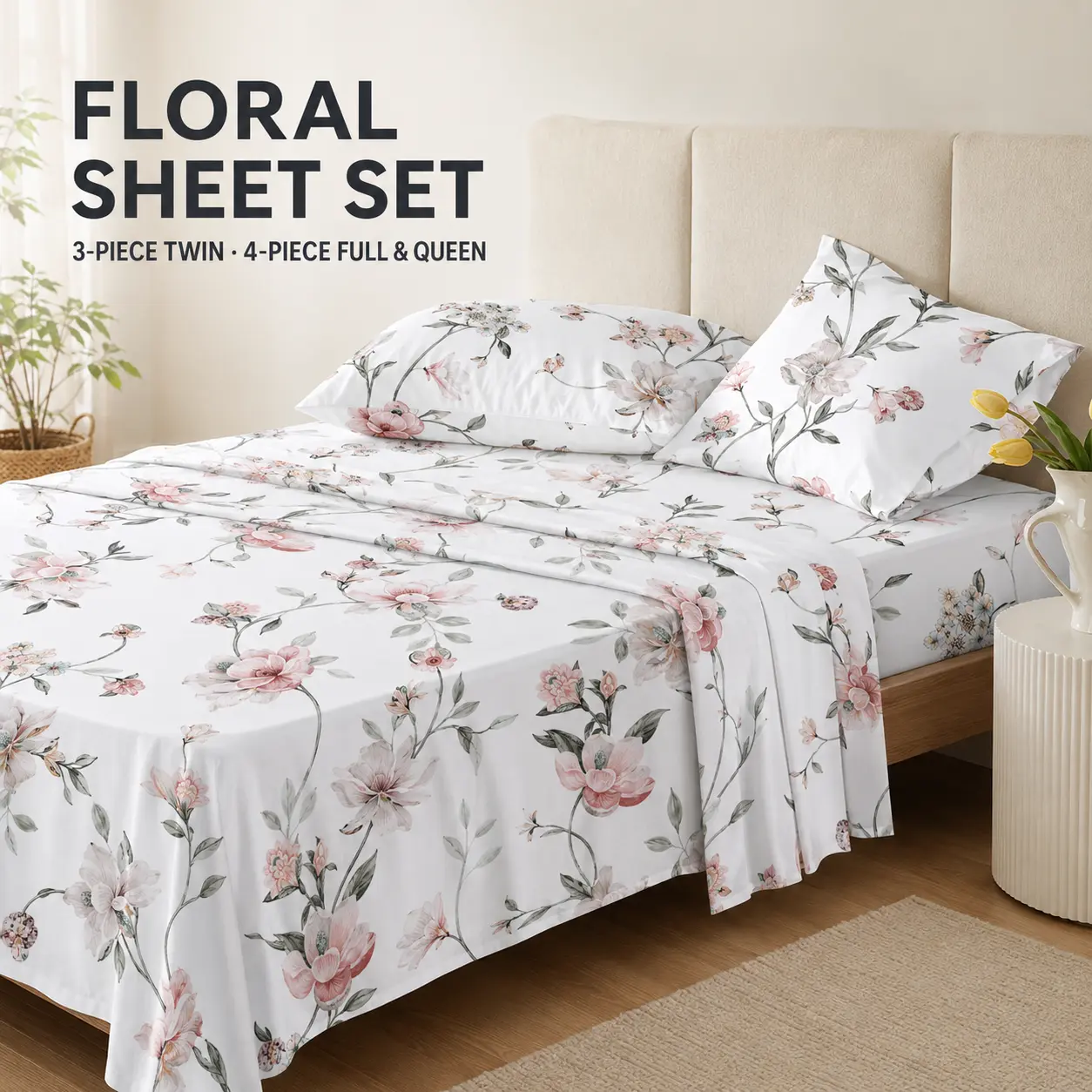 Magnolia Floral Sheet Set, 3-Piece Twin or 4-Piece Full/Queen Bedding Set with Flat Sheet, Fitted Sheet & Pillowcase(s), 12-Inch Deep Pocket, White Botanical Print