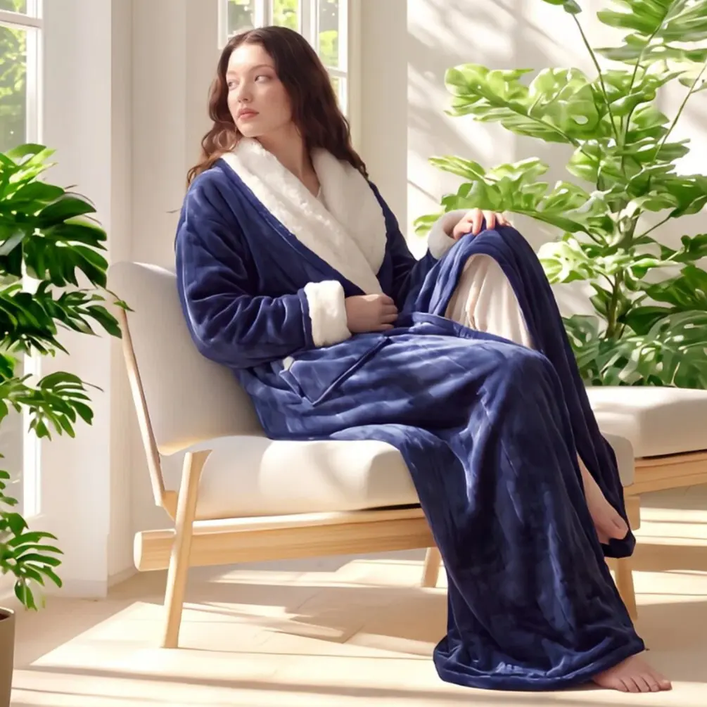 Cosyaby Wearable Blankets,Women Full Length Sherpa Trim Flannel Robe, Ultra Warm Open Front Long Bathrobe with Back Pocket, Soft Collar Loungewear House Coat for Fall,Oversized Open Front Loungewear Robe with Back Pocket, Ideal Gift for Back to shcool sum