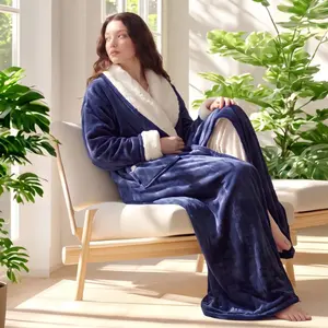 Cosyaby Wearable Blankets,Women Full Length Sherpa Trim Flannel Robe, Ultra Warm Open Front Long Bathrobe with Back Pocket, Soft Collar Loungewear House Coat for Fall,Oversized Open Front Loungewear Robe with Back Pocket, Ideal Gift for Back to shcool sum
