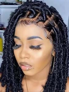 14 inch short butterfly locs crochet wig, gorgeous fluffy wigs for women, synthetic hair braids with baby bangs, heat resistant fiber wigs for party, daily use