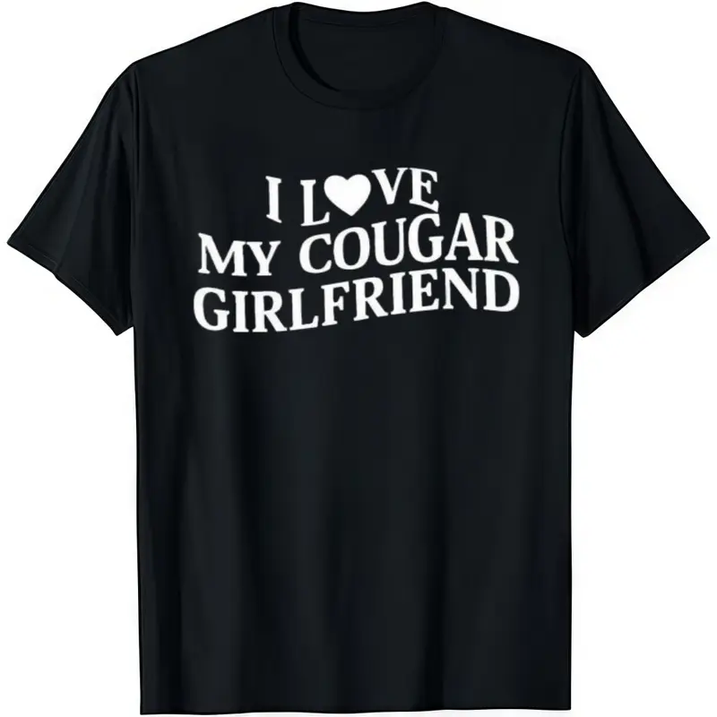 Men's Stylish Graphic T-Shirt - 'I Love My Cougar Girlfriend' Print, Soft Cotton Shortsleeve Tops, Casual Lightweight Fitted Menswear, Round Neck Statement Tee