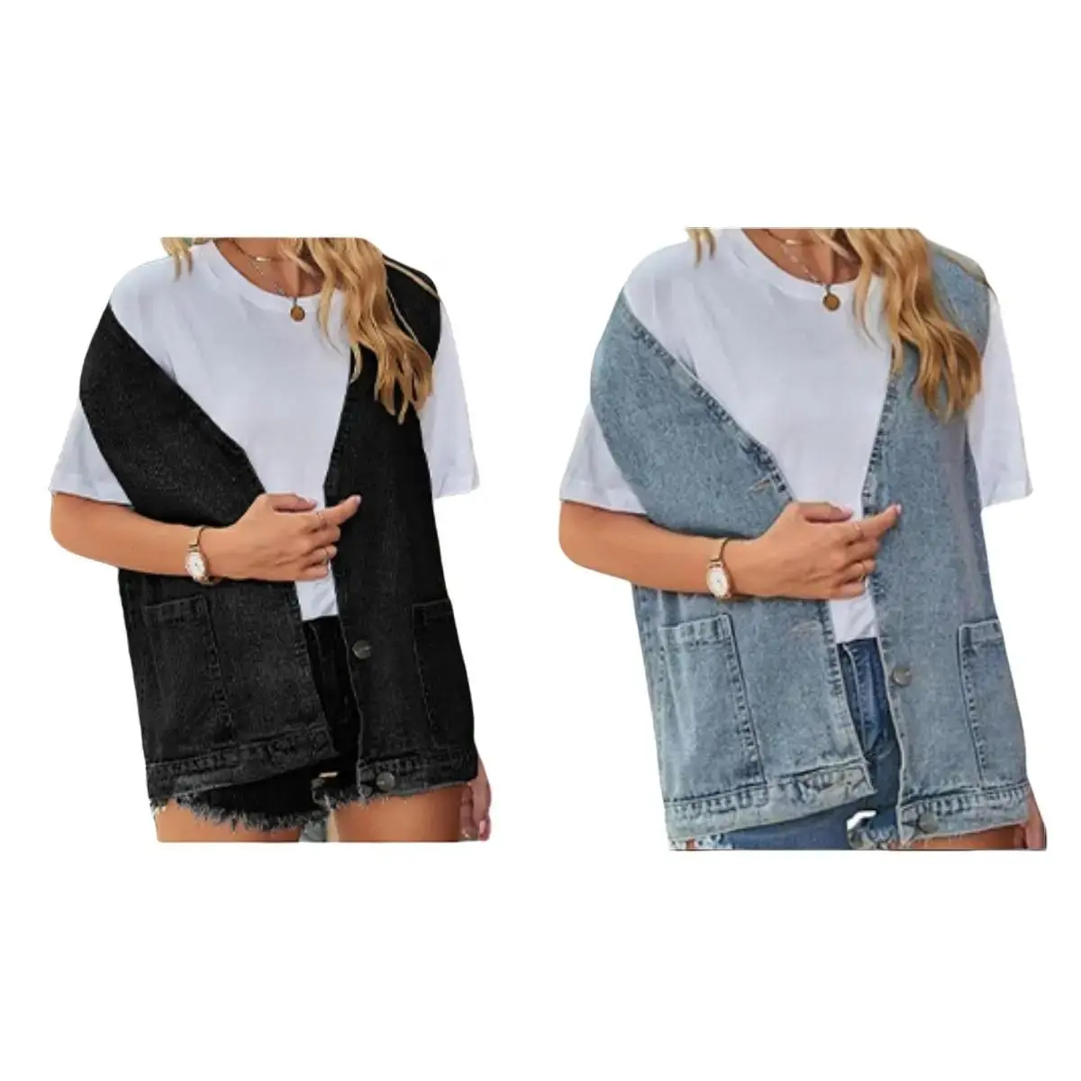 DUTUT Women's Denim Vest Mid Long Jean Vest Sleeveless Jackets Distressed Cotton with Single Row Multi-Button Design, Comfortable Fit for Everyday Wear - Womenswear Tops Blue