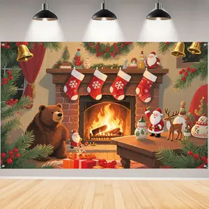 Cute Fireplace Christmas Backdrop – Burning Fireplace, Adorable Bear & Christmas Decor, Perfect for Family Holiday Decor & Kids' Christmas Parties, Brings Cozy Cute Vibe, Warm Christmas Gift, 2D Print