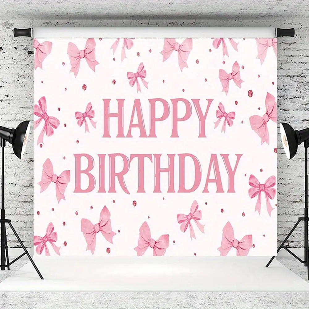 Pink 2D Flat Polyester Bow Happy Birthday Backdrop Banner, 1PC Reusable Girl’s Party Decoration Supplies, Children’s Birthday Scene Layout & Photo Backdrop Prop,summerwins